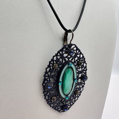 Vintage 90s Boho Filigree Pendant Necklace Green Faux Stone Rhinestone Jewelry - Thumbnail 4