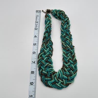 Vintage 80s Multi-Strand Teal Turquoise Seed Bead Braided Statement Necklace Y2K - Thumbnail 10