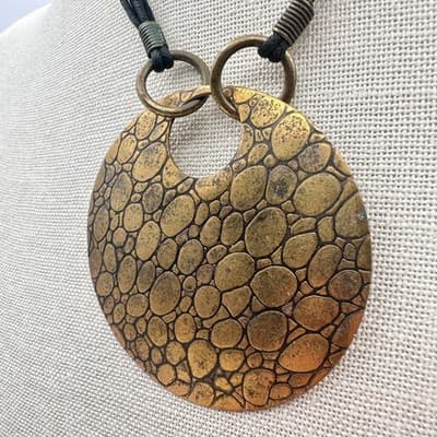 Vintage 90s Multi-strand Cord Gold Tone Large Disc Pendant Necklace Jewelry Bib - Thumbnail 6