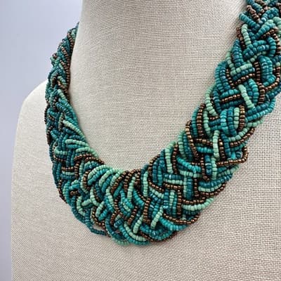 Vintage 80s Multi-Strand Teal Turquoise Seed Bead Braided Statement Necklace Y2K - Thumbnail 6