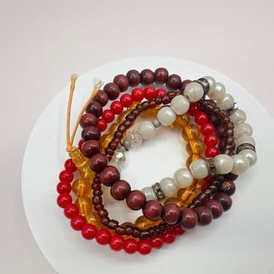 Vintage 90s Wood Pearl Glass Beaded Bracelets Set Boho Classic Fashion Jewelry - Thumbnail 6