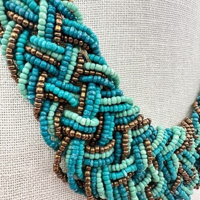 Vintage 80s Multi-Strand Teal Turquoise Seed Bead Braided Statement Necklace Y2K - Thumbnail 3