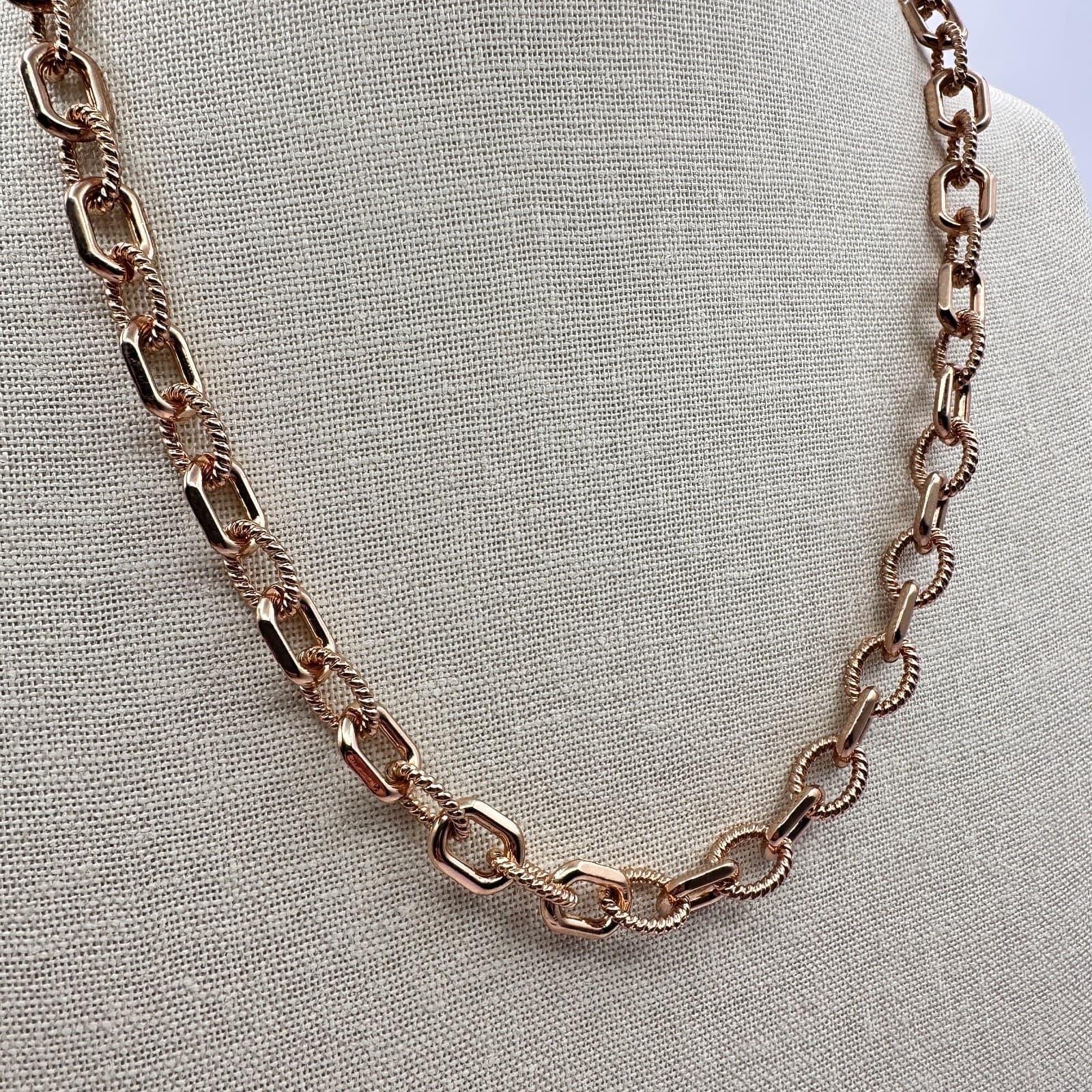 Vintage Y2K Rose Gold Tone Mixed Link Chain Smooth & Twisted Textured Necklace - Thumbnail 2