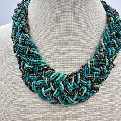 Vintage 80s Multi-Strand Teal Turquoise Seed Bead Braided Statement Necklace Y2K - Thumbnail 2