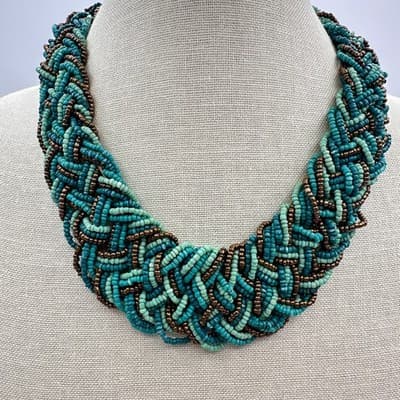 Vintage 80s Multi-Strand Teal Turquoise Seed Bead Braided Statement Necklace Y2K - Thumbnail 8