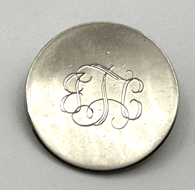 Vintage 80s Silver Tone Circular Monogrammed Brooch Pin Engraved Classic Jewelry