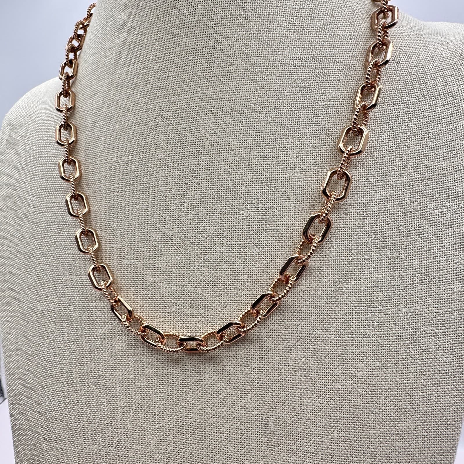 Vintage Y2K Rose Gold Tone Mixed Link Chain Smooth & Twisted Textured Necklace - Thumbnail 5