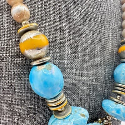 Vintage 90s Iridescent Blue Ceramic Shell Pendant Necklace Beaded Art Pottery - Thumbnail 3
