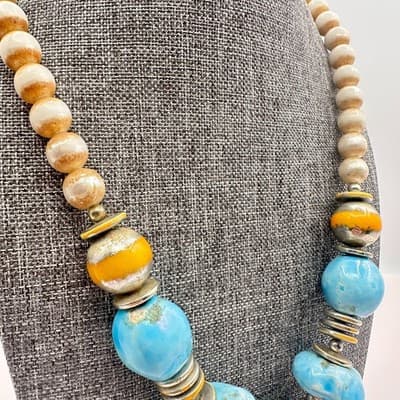 Vintage 90s Iridescent Blue Ceramic Shell Pendant Necklace Beaded Art Pottery - Thumbnail 5