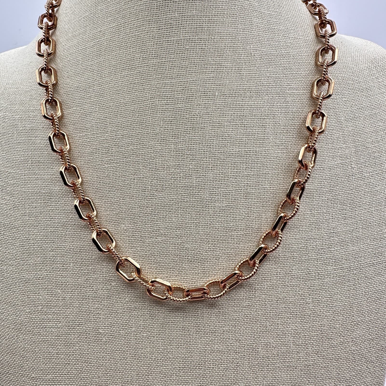Vintage Y2K Rose Gold Tone Mixed Link Chain Smooth & Twisted Textured Necklace - Thumbnail 6