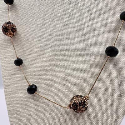 Vintage 90s Black Station Beaded Pave Ball Necklace Gold Tone Chain Jewelry Y2K - Thumbnail 6