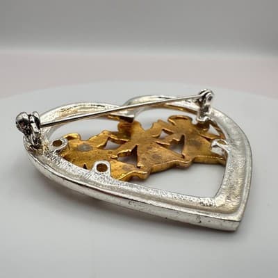 Vintage 90s Silver & Gold Tone Heart Brooch Pin Angels AB Rhinestone Jewelry Y2K - Thumbnail 5