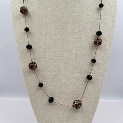 Vintage 90s Black Station Beaded Pave Ball Necklace Gold Tone Chain Jewelry Y2K