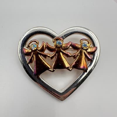 Vintage 90s Silver & Gold Tone Heart Brooch Pin Angels AB Rhinestone Jewelry Y2K - Thumbnail 4