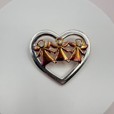 Vintage 90s Silver & Gold Tone Heart Brooch Pin Angels AB Rhinestone Jewelry Y2K - Thumbnail 3
