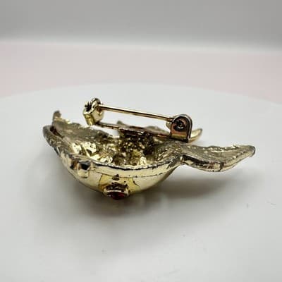 Vintage 80s Gold Tone Angel Fish Brooch Pin Turquoise Beaded Red Rhinestone - Thumbnail 9