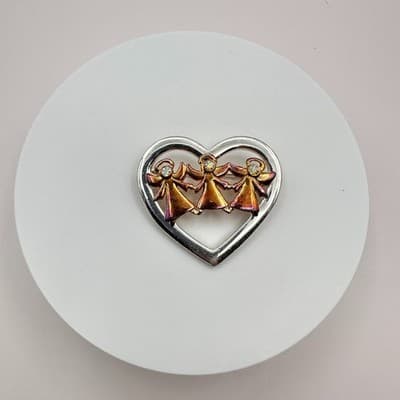 Vintage 90s Silver & Gold Tone Heart Brooch Pin Angels AB Rhinestone Jewelry Y2K - Thumbnail 2