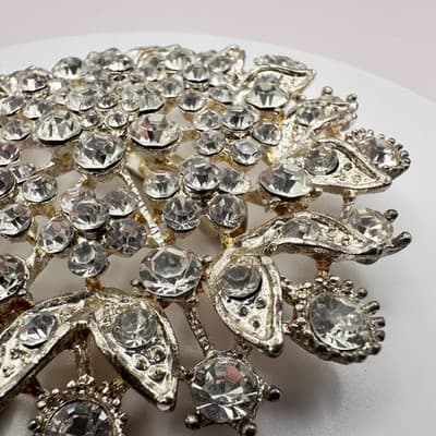 Vintage 80s Clear Glass Starburst Floral Brooch Silver Tone Statement Jewelry - Thumbnail 8