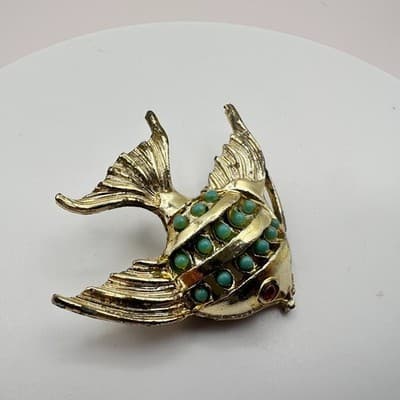 Vintage 80s Gold Tone Angel Fish Brooch Pin Turquoise Beaded Red Rhinestone - Thumbnail 5