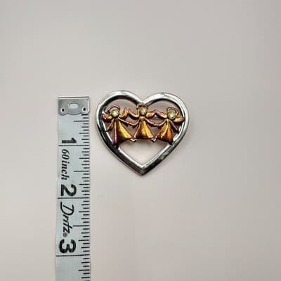 Vintage 90s Silver & Gold Tone Heart Brooch Pin Angels AB Rhinestone Jewelry Y2K - Thumbnail 7