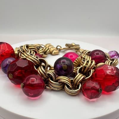 Vintage 90s Deja Designs Red & Purple Beaded Charm Bracelet Gold Tone Jewelry - Thumbnail 3