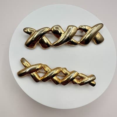 Vintage 90s Gold Tone Abstract X Glossy Brooch Pin Set Textured Women's Jewelry - Thumbnail 2