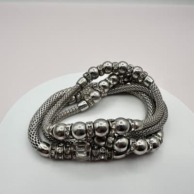 Vintage Y2K Rhinestone Silver Tone Beaded Mesh Chain Wrap Bracelet Jewelry Y2K - Thumbnail 2