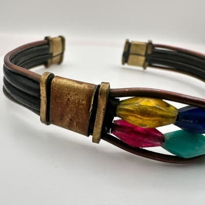 Vintage 80s Leather Cuff Bracelet Multicolor Glass Bead Hippie Festival Jewelry - Thumbnail 4