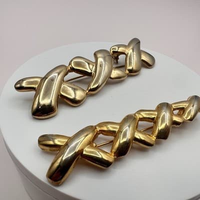 Vintage 90s Gold Tone Abstract X Glossy Brooch Pin Set Textured Women's Jewelry - Thumbnail 3