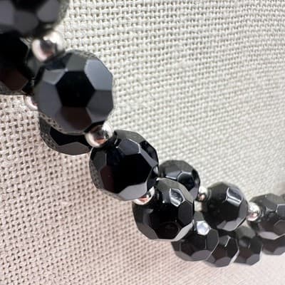 Vintage 90s Double Strand Black Glass Beaded Necklace Silver Tone Jewelry Retro - Thumbnail 8