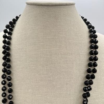 Vintage 90s Double Strand Black Glass Beaded Necklace Silver Tone Jewelry Retro - Thumbnail 5