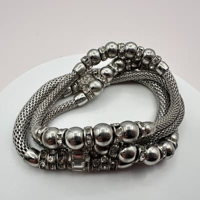 Vintage Y2K Rhinestone Silver Tone Beaded Mesh Chain Wrap Bracelet Jewelry Y2K - Thumbnail 3