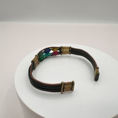Vintage 80s Leather Cuff Bracelet Multicolor Glass Bead Hippie Festival Jewelry - Thumbnail 9