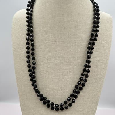 Vintage 90s Double Strand Black Glass Beaded Necklace Silver Tone Jewelry Retro - Thumbnail 4