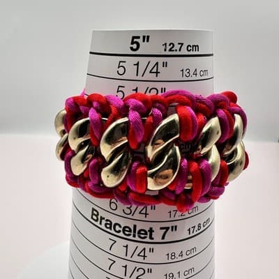 Vintage Y2K Chunky Gold Tone Curb Chain Bracelet Pink & Red Woven Rope Jewelry - Thumbnail 11