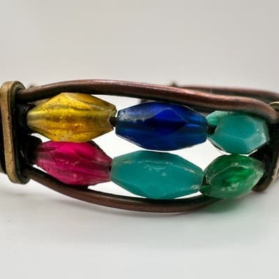Vintage 80s Leather Cuff Bracelet Multicolor Glass Bead Hippie Festival Jewelry - Thumbnail 5