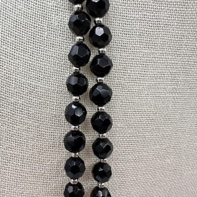 Vintage 90s Double Strand Black Glass Beaded Necklace Silver Tone Jewelry Retro - Thumbnail 6