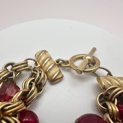 Vintage 90s Deja Designs Red & Purple Beaded Charm Bracelet Gold Tone Jewelry - Thumbnail 5