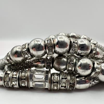 Vintage Y2K Rhinestone Silver Tone Beaded Mesh Chain Wrap Bracelet Jewelry Y2K - Thumbnail 5