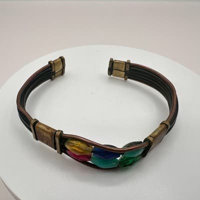 Vintage 80s Leather Cuff Bracelet Multicolor Glass Bead Hippie Festival Jewelry - Thumbnail 3