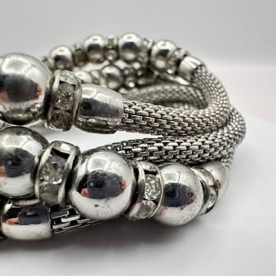 Vintage Y2K Rhinestone Silver Tone Beaded Mesh Chain Wrap Bracelet Jewelry Y2K - Thumbnail 6