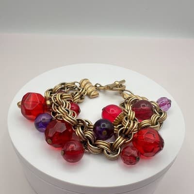 Vintage 90s Deja Designs Red & Purple Beaded Charm Bracelet Gold Tone Jewelry - Thumbnail 7