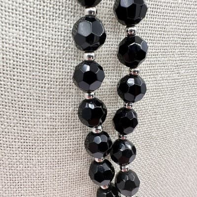 Vintage 90s Double Strand Black Glass Beaded Necklace Silver Tone Jewelry Retro - Thumbnail 7