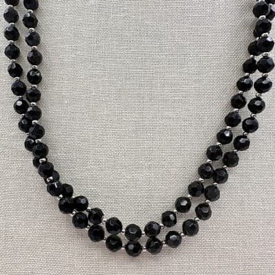 Vintage 90s Double Strand Black Glass Beaded Necklace Silver Tone Jewelry Retro - Thumbnail 3