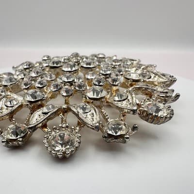 Vintage 80s Clear Glass Starburst Floral Brooch Silver Tone Statement Jewelry - Thumbnail 7