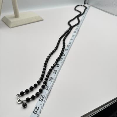 Vintage 90s Double Strand Black Glass Beaded Necklace Silver Tone Jewelry Retro - Thumbnail 9
