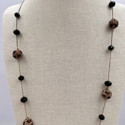 Vintage 90s Black Station Beaded Pave Ball Necklace Gold Tone Chain Jewelry Y2K - Thumbnail 3