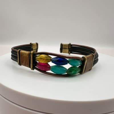 Vintage 80s Leather Cuff Bracelet Multicolor Glass Bead Hippie Festival Jewelry