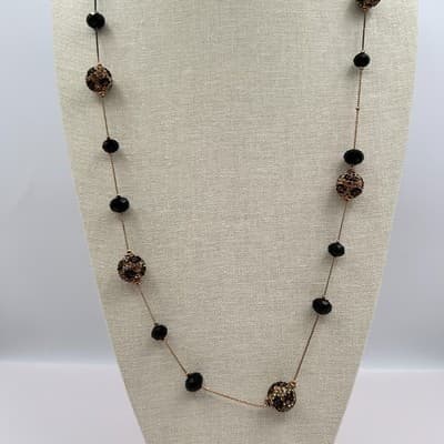 Vintage 90s Black Station Beaded Pave Ball Necklace Gold Tone Chain Jewelry Y2K - Thumbnail 2