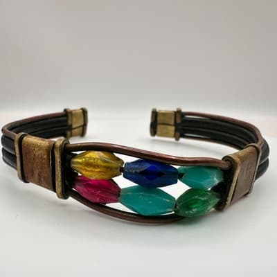 Vintage 80s Leather Cuff Bracelet Multicolor Glass Bead Hippie Festival Jewelry - Thumbnail 2
